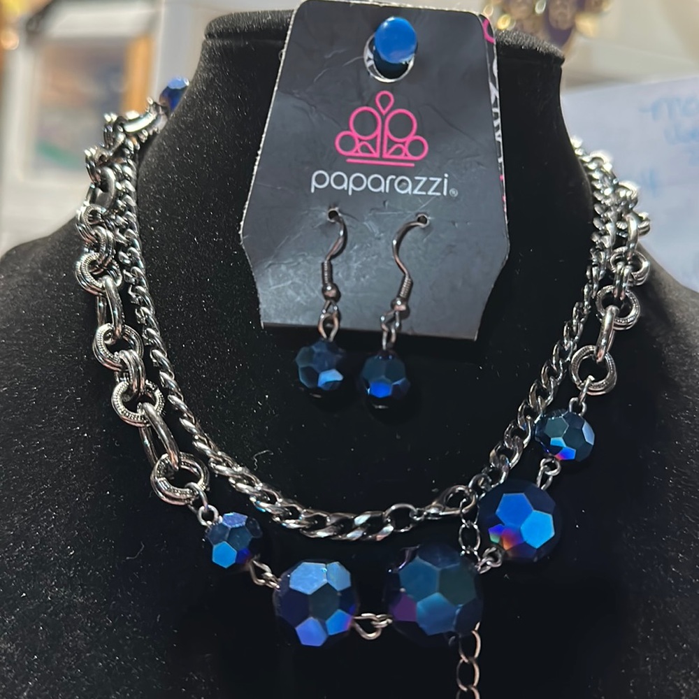 Paparazzi #866 blue and black necklace with matching earrings